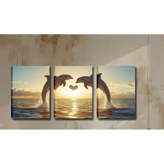 Set of 3 Framed Canvas Wall Art Prints Depicting Dolphins Leaping from Ocean Waves, Crafted with a Light Gray and White Classic Wooden Frame, Perfect for Enhancing Living Room or Bathroom Decor