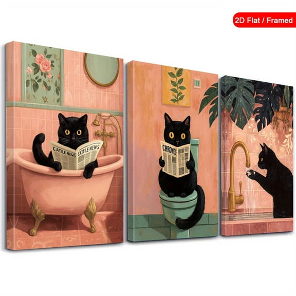 Set of 3 Framed Funny Cats Wall Arts, Bathroom Routine Canvas Wall Art, Quirky Art Prints, Amusing Poster Print, Retro Artwork Wall Decor, Modern Home Decor, for Living Room, Bedroom, Home Office