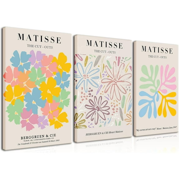 Set of 3 Framed Matisse Colorful Flower Market Canvas Wall Art Abstract Exhibition Posters Minimalist Prints Painting Wall Decor for Aesthetic Room Bedroom Living Room 12"x16"x3
