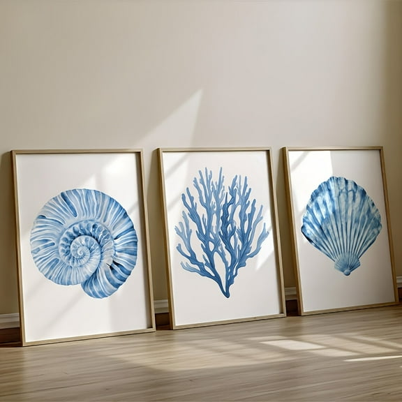 Set of 3 Frameless Blue Summer Coastal Wall Art Poster Canvas Print Minimalist Watercolor Coral Nautilus Shell Boho Nautical Art Painting for Dorm,Living Room,Bedroom,Modern Home Decoration,Beach Ho