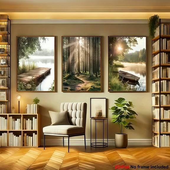 Set of 3 Frameless Canvas Wall Art Combinations - Modern Farmhouse, Bohemian Style, Minimalist Nature Prints - Serene Forest, Lakeside, Sunrise Boat Scenes - Living Room Decor - Christmas Housewarmi