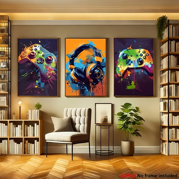 Set of 3 Frameless Game Wall Art Posters - Vibrant Canvas Prints Featuring Video Game Controllers And Headphones, Modern Abstract Art Suitable for Decorating Living Rooms, Offices, And Cafes - The P