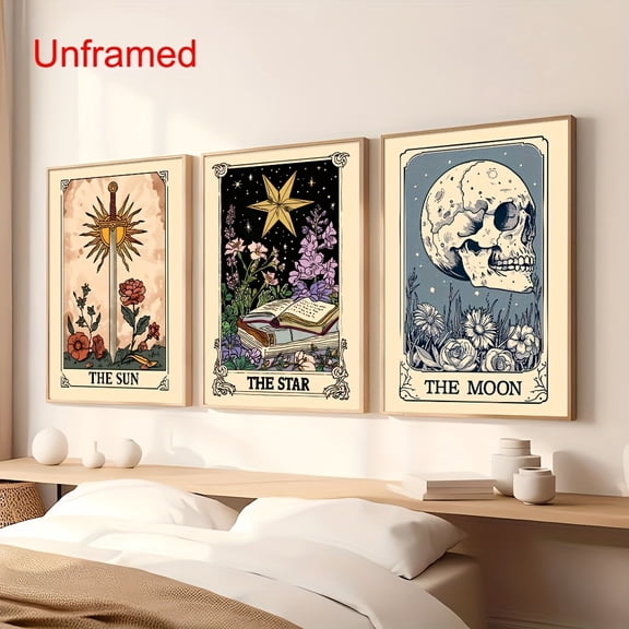 Set of 3 Frameless The Sun Moon Star Tarot Card Art Poster Boho Skull Sword Retro Trendy Painting Canvas Print Wall Picture Modern Living Room Bedroom Dorm Home Decoration