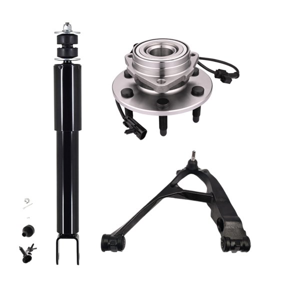 Set of 3 Front Left Lower Control Arm Ball Joint-Wheel Hub Bearing Assembly-Shock Absorber For 1999-2006 Chevrolet Silverado 1500 Monotube Performance Upgrade