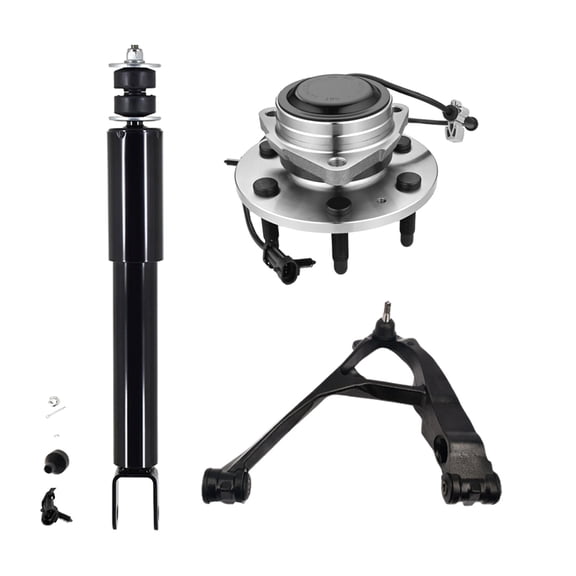 Set of 3 Front Left Lower Control Arm Ball Joint-Wheel Hub Bearing Assembly-Shock Absorber For 2004-2006 Chevrolet Silverado 1500 Monotube Performance Upgrade