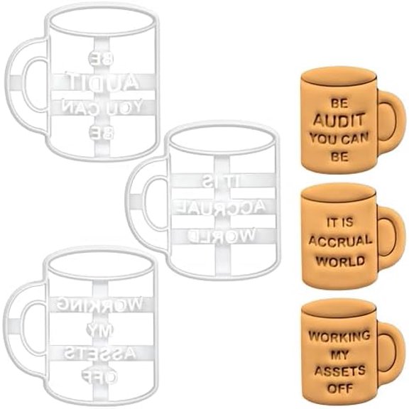 Set of 3 Funny Accountant Jokes Mug-Shaped Cookie Cutters (Working My Assets Off, Be Audit You Can Be, It Is Accrual World)$$Home Decor, Kitchen, & Other