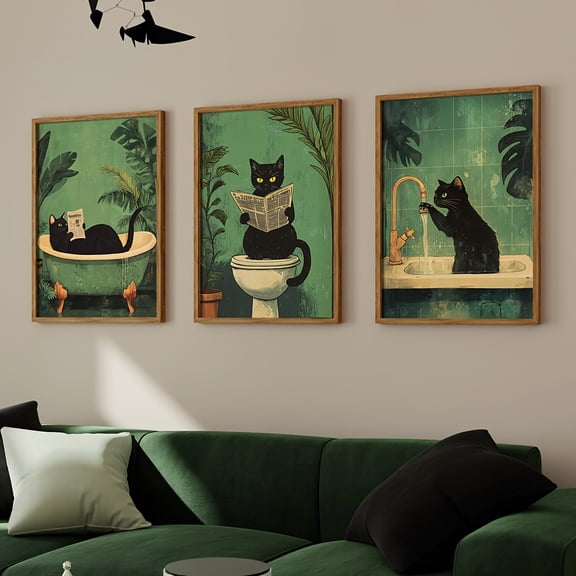 Set of 3 Funny Bathroom Black Cat Wall Art Canvas Prints, Vintage Animals Toilet Posters, Spring Decor, Indoor Modern Wall Decor, Artwork for Living Room, Bedroom, Bathroom, Tolilet, Cafe, Bar, Home