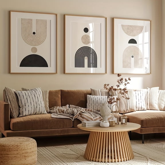 Set of 3 Geometry Graphics Circle Arch Retro Art Poster Canvas Print Black Beige Abstract Minimalist Vintage Painting Mid Century Wall Picture for Modern Living Room, Bedroom, Dining Room, Dorm, Hom