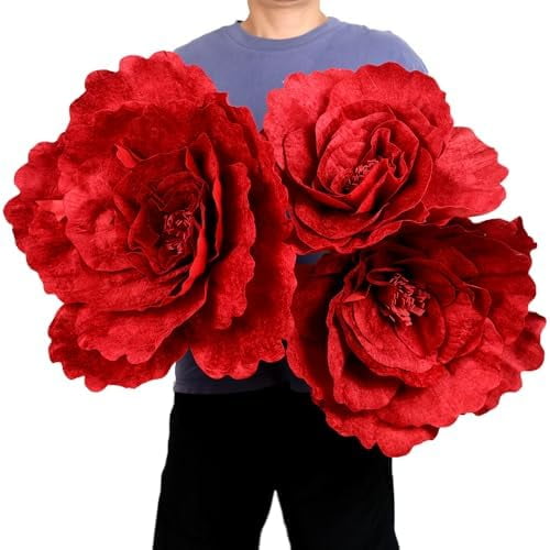 Set of 3 - Giant Red Velvet Rose Large Handcrafted Artificial Flower Props for Wedding, Home, Party, Event, Backdrop Decoration for Anniversary Birthday Valentine's Day (Red - Rose Heads Only)