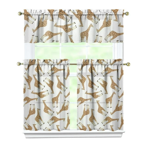 Set of 3 Giraffe Lover Kitchen Curtains, Cartoon Artistic Nature Print Semi-Sheer Rod Pocket Curtains, Adorable Brown Animal Texture Window Treatment Panels for Small Windows
