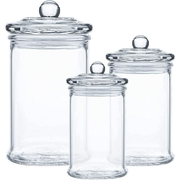 Set of 3 Glass Apothecary Jars with Lids, Bathroom Vanity Storage Organizer Clear Apothecary Jars Qtip Holder Canister Set, Mason Jar Bathroom Accessories Set