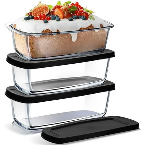 Set of 3 Glass Bread Loaf Pans for Baking Bread Pans for Homemade Breads, Glass Food Storage Containers with Lids, Glass Baking Dishes for Oven, Pound Cake Pan, Loaf Pan, 1.9 Quart