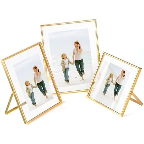 Set of 3 Glass Photo Frame Collection, Simple Gold Floating Frame, Real Glass&Metal Standing Geometric Picture Frames with Glass Cover Includes 9x7,8x6, 6x6, For Gift, Wedding,Home Dcor