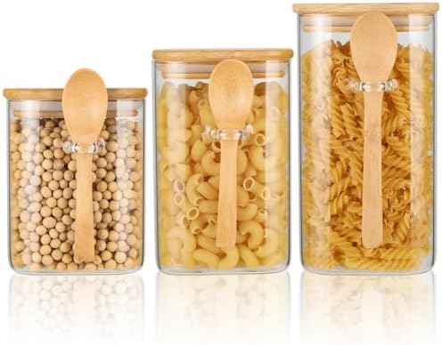 Set of 3 Glass Storage Containers with Bamboo Lids and Spoon, Clear ...