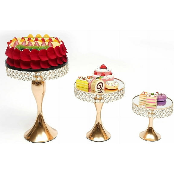Set of 3 Gold Cake Stand,Round Display Stand with Crystal Pendants Beads,Cupcake Stand Metal Display for Dessert Table Serving Tower Bakery,Appetizers,Christmas New Year Wedding,Event,Birthday Party