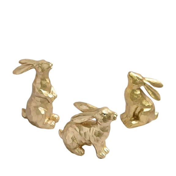 Set of 3 Gold Easter Bunny Figurines, Small Metallic Rabbit Statues with Hammered Texture, Elegant Tabletop Decor for Spring and Easter Home Styling, Modern Farmhouse Shelf Mantel Coffee Table Accent