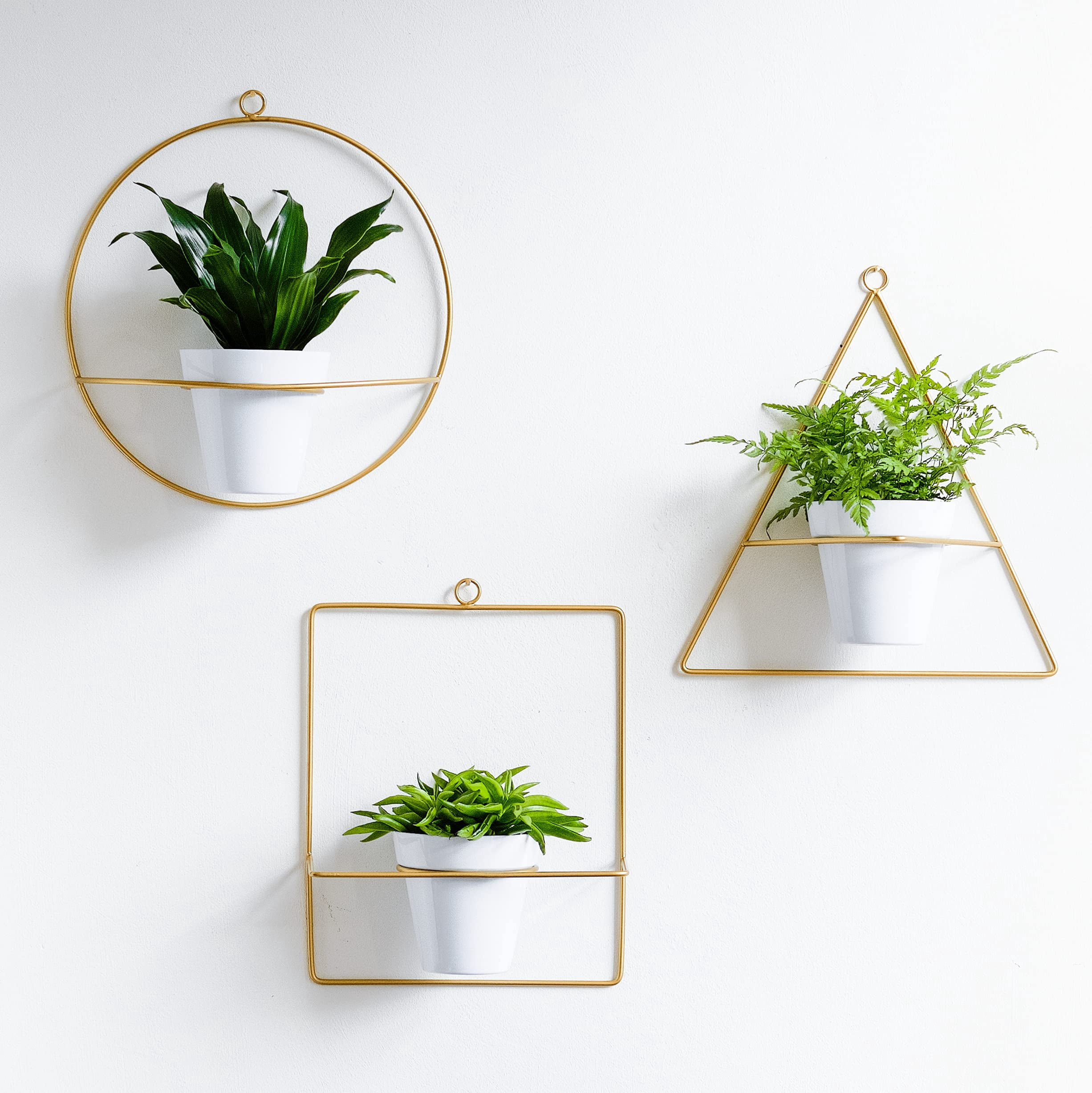 Set 3 Gold Wall Hanging Planters, Geometric Metal Boho Wall Decor, Modern Succulent Planter Pots, Herb Garden Containers, Decoration for Kitchen Living Room, Cool Room Wall Art, Hanging Vases