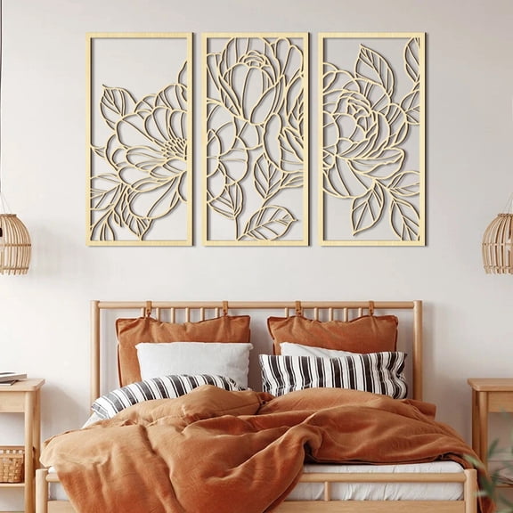 Set of 3 Golden Lotus Flower Wall Art, Mandala Hollow Wood Sculptures 16x32 Inch, Spiritual Meditation Hanging Decor for Bedroom, Living Room, Office & Yoga Studio