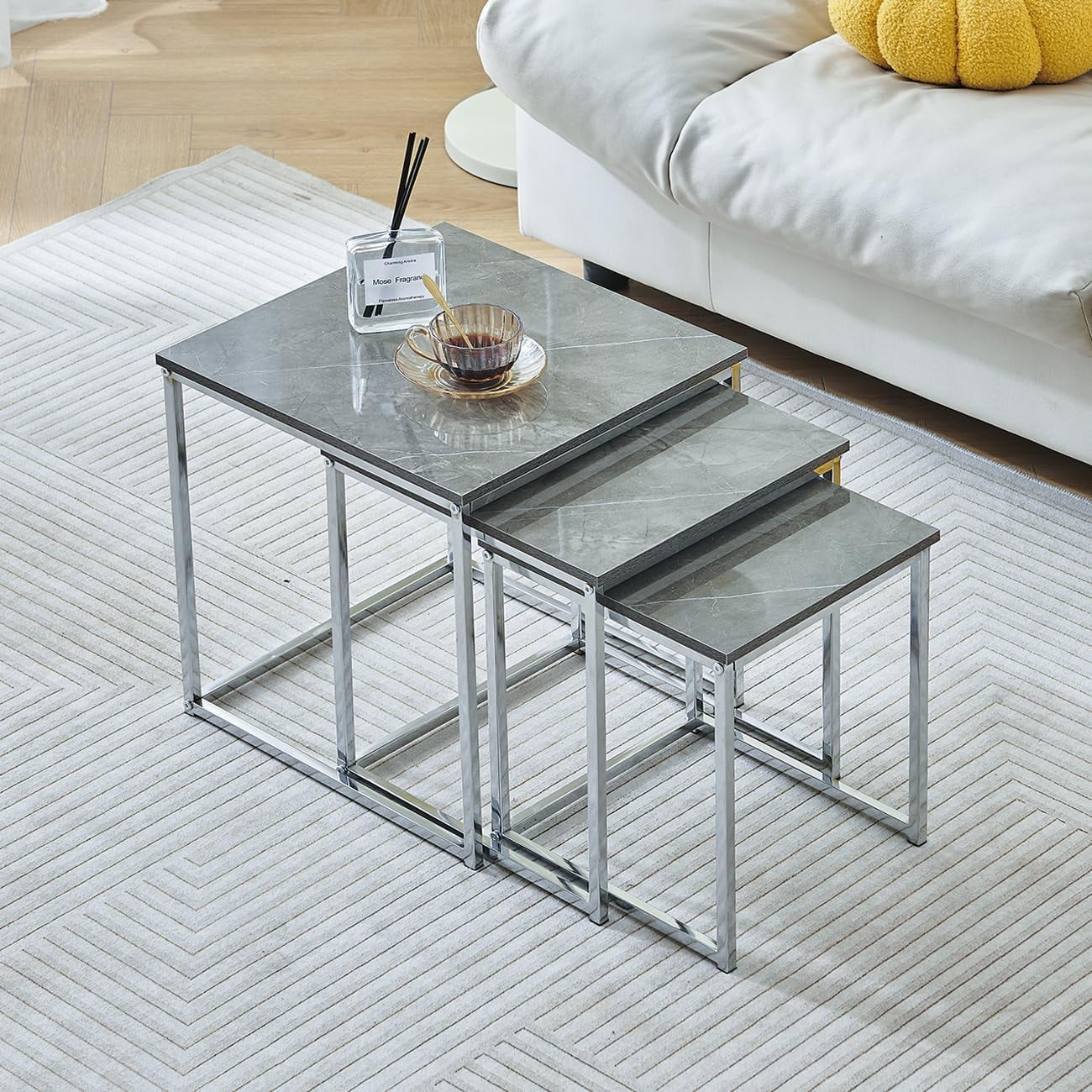 Set of 3 Grey Marble Nesting Coffee Tables for Living Room, High Gloss Nest of 3 Nested Tables