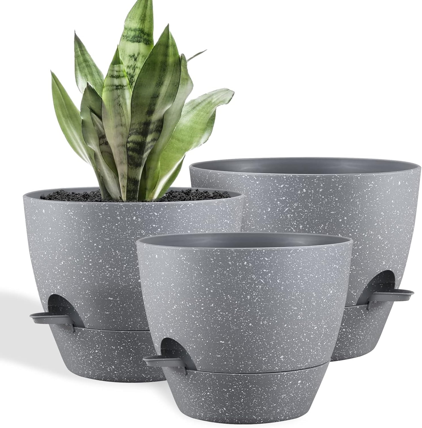 Set of 3 Grey Plastic Plant Pots, 8 Inch Planters for Indoor Plants
