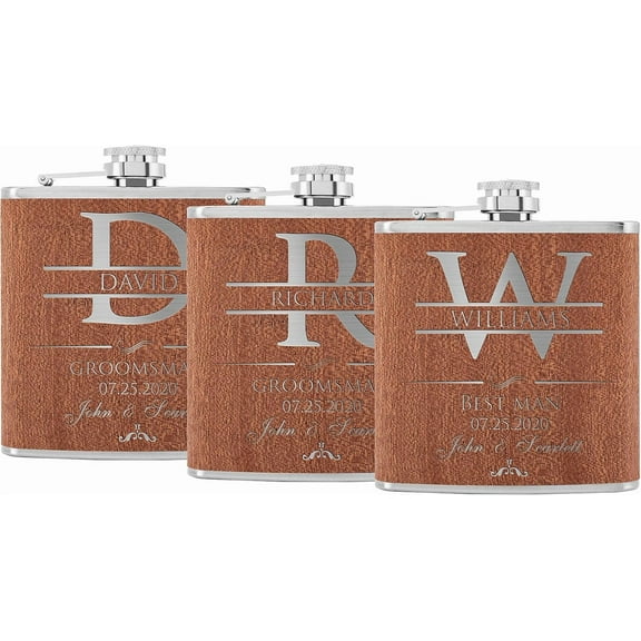 Set of 3, Groomsmen Gifts - Flask w/Name, Title, Date - Cherry Wood - Groomsmen Proposal Gifts w/Optional Gift Box, Groom's Drinking Team, Bachelor Party Gifts - Best Man #D2