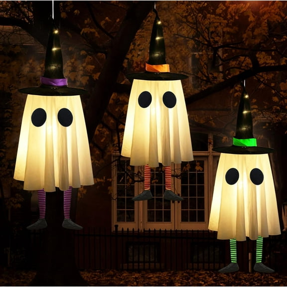 Set of 3 Halloween Hanging Ghosts, Halloween Decorations Outdoor Hanging Ghosts with Witch Hat,Glowing Ghost Witch Hat Lights, Halloween Ghost Decor for Yard Patio