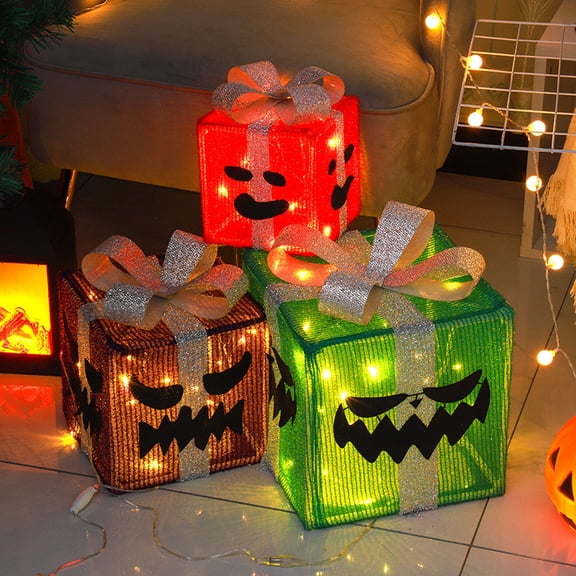 Set of 3 Halloween Pumpkin Light Up Gift Boxes, Red/Orange/Green Jack-O-Lantern Decor Present Boxes with Bow & Warm LED Lights, Battery Operated for Halloween Party Supplies Gift Exchanging