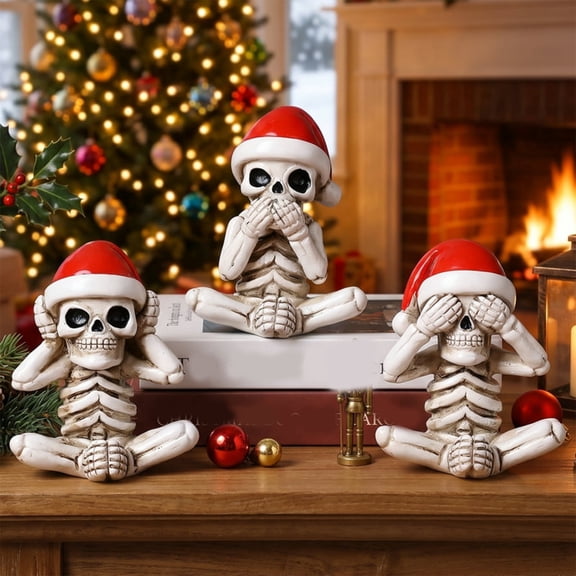 Set of 3 Halloween Skeleton Statues with Santa Hats, Funny Hear See Speak No Evil Figurines, Cute Tabletop Office Shelf Decor for Everyday Use, 2.7 Inch