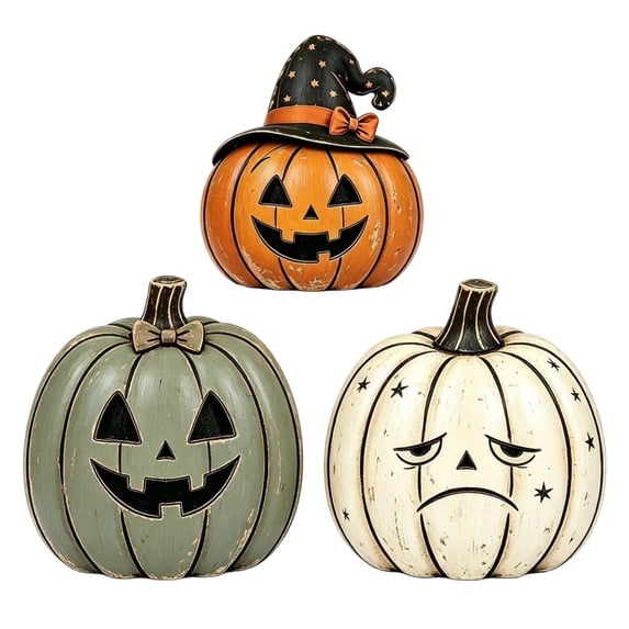 Set of 3 Halloween Wooden Pumpkin Decor 2d Single-Sided Printing Tabletop Ornaments Fall Figurines for Mantel Shelf Coffee Table Home Party Decoration