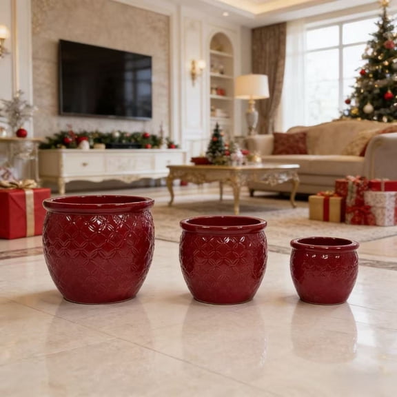 Set of 3 Handmade Ceramic Flower Pots 15/12/10 Inch Embossed Floral Planters, Breathable Porous Clay Plant Pots for Orchids Indoor Outdoor Windowsill Bookshelf, Bean Paste Red