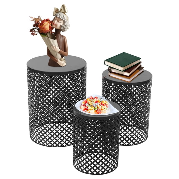 Set of 3 Heavy-Duty Metal Round Side Tables - Indoor/Outdoor Coffee Table, End Table, or Garden Stool for Patio, Living Room, and Garden Decor (Black)