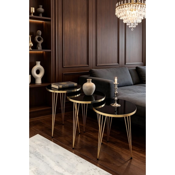 Set of 3 High Gloss Black & Gold Legs Nesting End Table, Round Wood Stacking Coffee Side Accent Table with Metal Legs for Living Room, Home Office, Nightstand for Bedroom