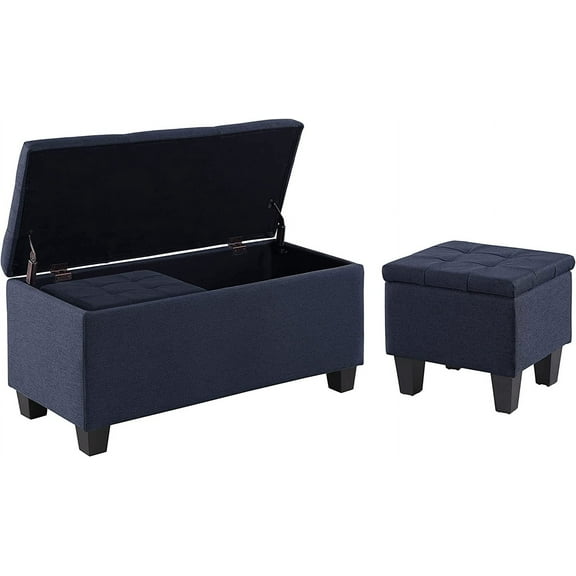 Set of 3 Hinged Storage Ottoman, 38'' Ottoman Bench with Storage and Thick Seating, End of Bed Bedroom Bench Window Bench with 2pcs Small Foot Rest (Blue - Fabric)