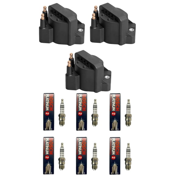 Set of 3 ISA Ignition Coils and 6 BOSH Spark Plugs Compatible with 1990 Chevrolet Lumina Base Coupe 2-Door 2.5L 2474CC 151Cu. In. l4 GAS OHV Naturally Aspirated Replacement For DR39