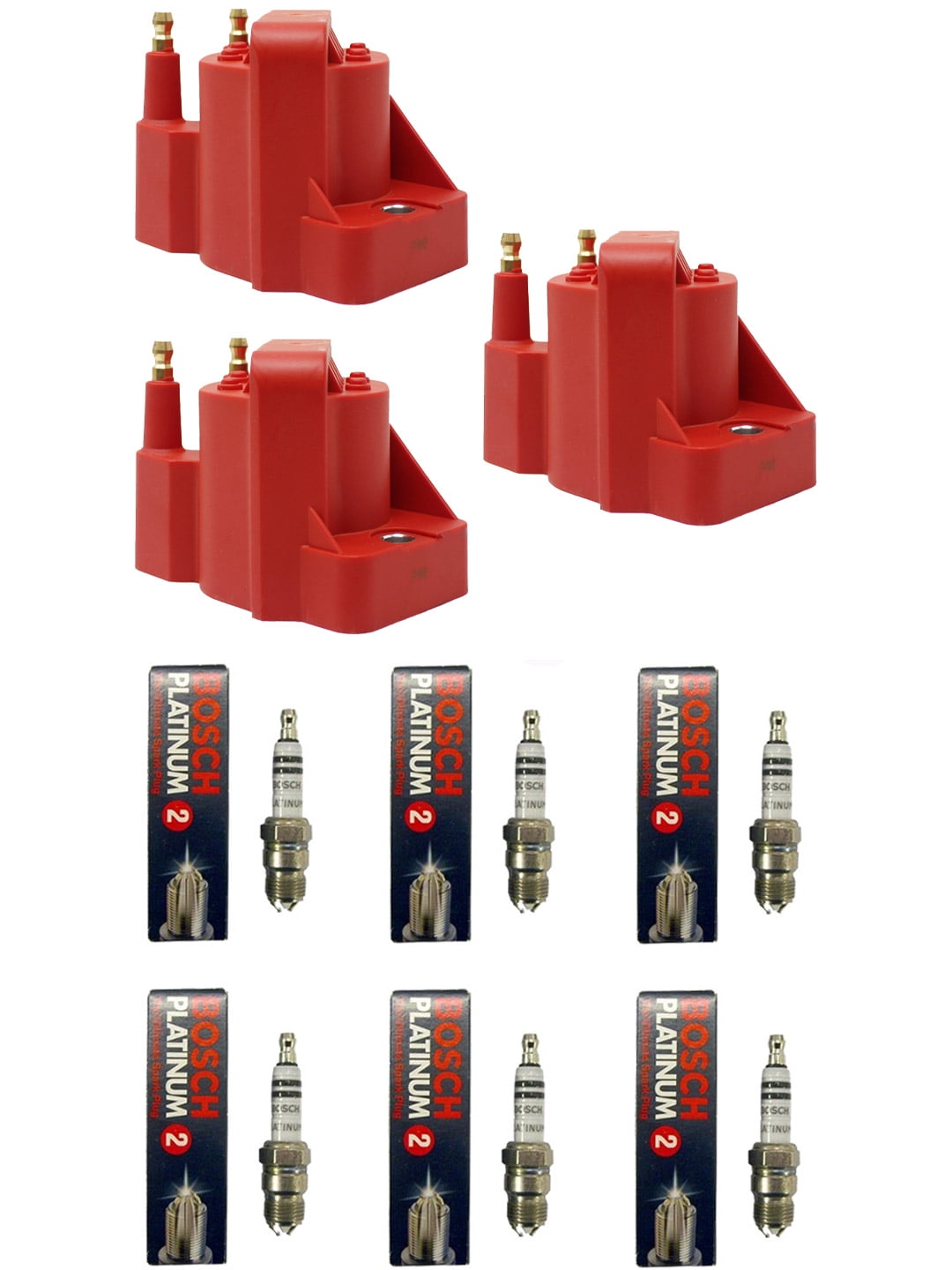 Set of 3 ISA Red Color Ignition Coils and 6 BOSH Spark Plugs Compatible