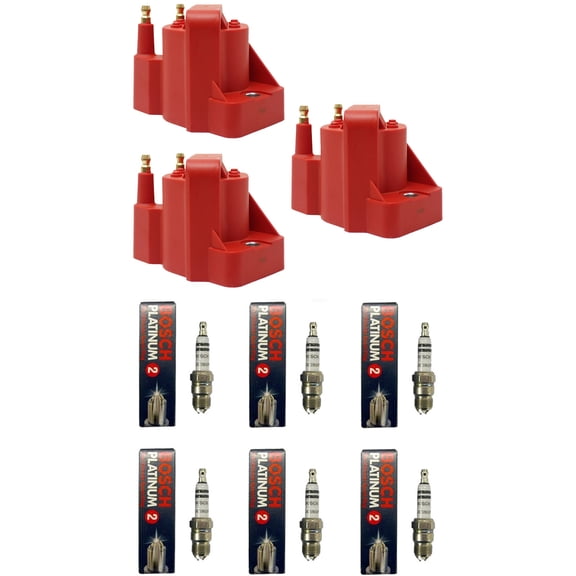Set of 3 ISA Red Color Ignition Coils and 6 BOSH Spark Plugs Compatible with 1991 Buick Skylark Base Coupe 2-Door 2.5L 2474CC 151Cu. In. l4 GAS OHV Naturally Aspirated Replacement for DR39