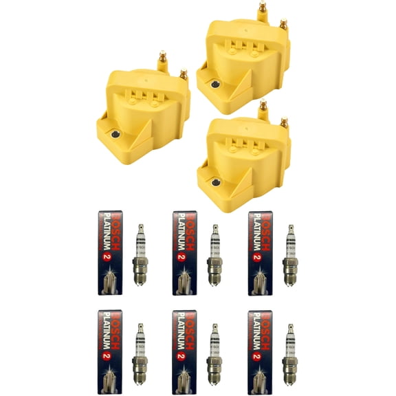 Set of 3 ISA Yellow Color Ignition Coils and 6 BOSH Spark Plugs Compatible with 1991 Buick Skylark Base Sedan 4-Door 2.5L 2474CC 151Cu. In. l4 GAS OHV Naturally Aspirated Replacement for DR39