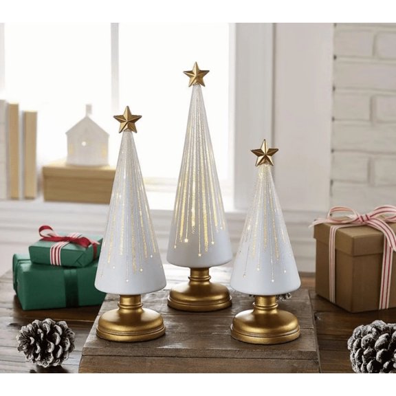 Set of 3 Illuminated Starry Night Christmas Trees – Festive Gingerbread Theme Gradient Glass Trees with LED Lights, Resin Christmas Ornaments for Christmas Home Decor