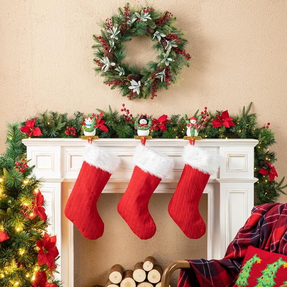 Set of 3 JOY Snowman Christmas Stocking Holders for Mantle, Heavy Duty Resin Hangers with Hand-Painted Details, Festive Fireplace Decor for Holiday Season