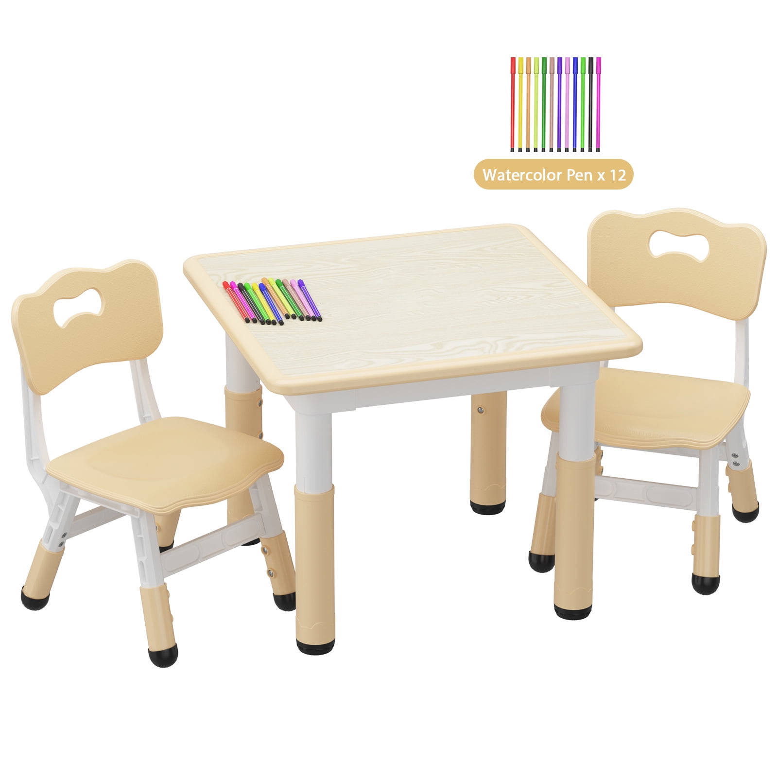 Set of 3 Kids Table and Chairs Set with 12pcs Watercolor Pens for Toddlers, Height Adjustable, for Home/Classroom, Boys Girls Multi-Activity Table for Ages 2-8