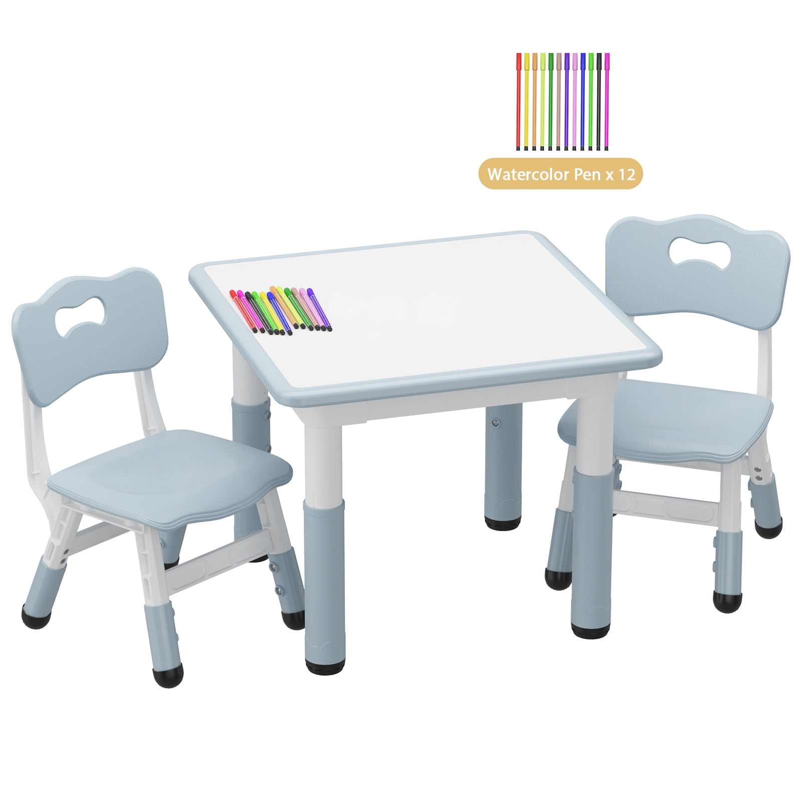 Set of 3 Kids Table and Chairs Set with 12pcs Watercolor Pens for Toddlers, Height Adjustable, for Home/Classroom, Boys Girls Multi-Activity Table for Ages 2-8