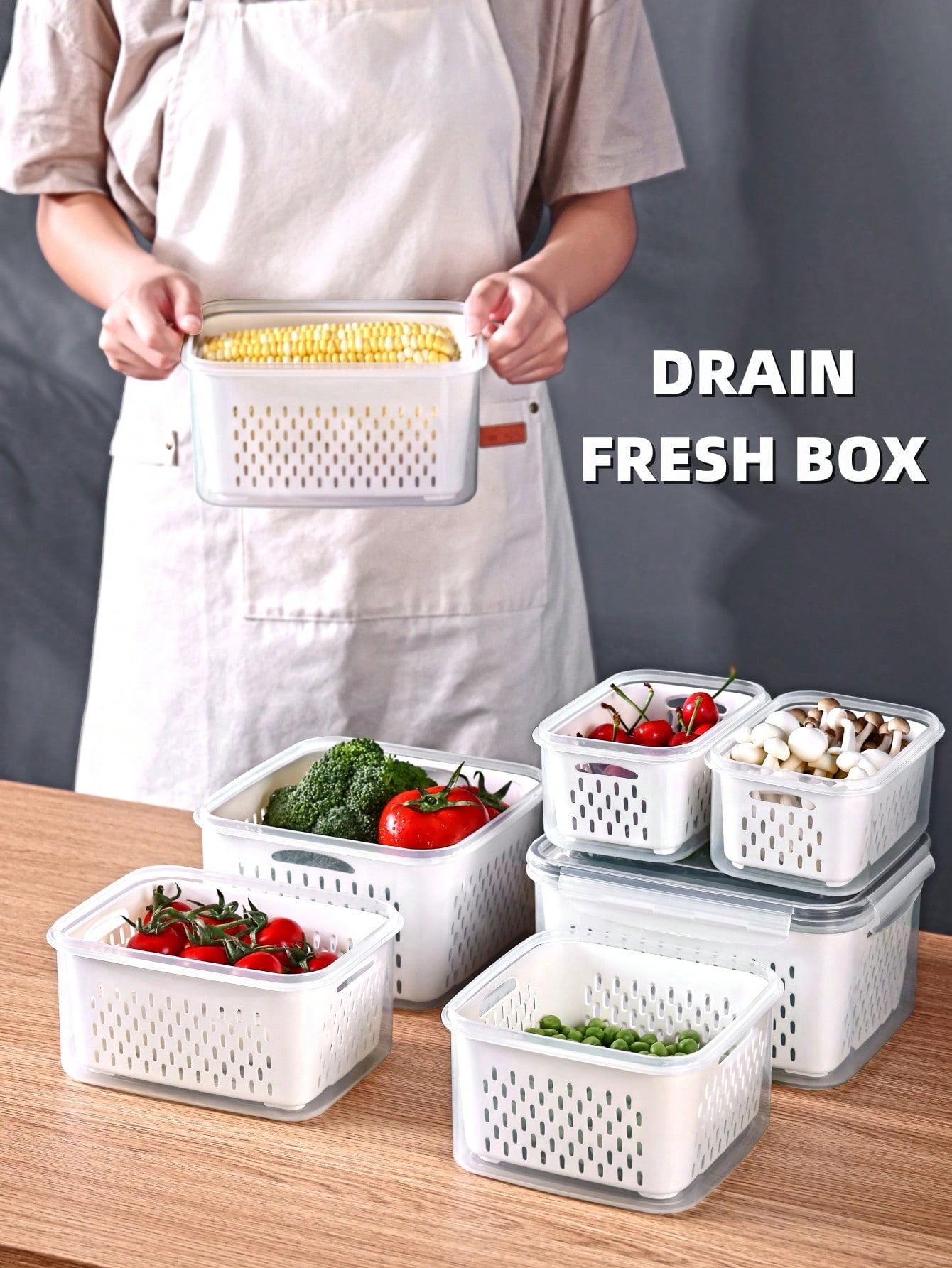 Set Of 3 Kitchen Food Storage Containers With Drain Tray, Multipurpose