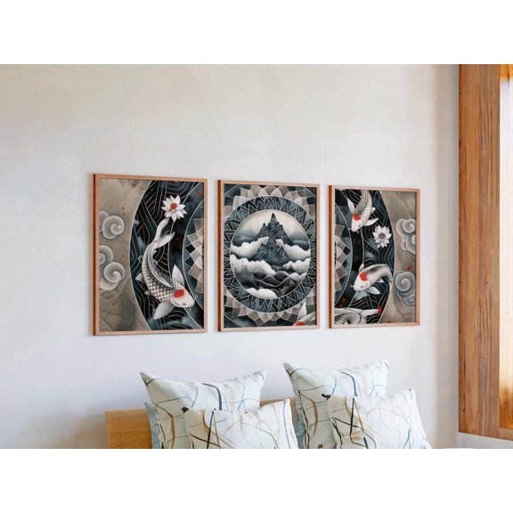 Set of 3 Koi Fish & Lotus Mandala Wall Art, Mountain Landscape Prints, Flowing Wave and Cloud Decor, Elegant Spiritual Home Gallery Set, Stretched Canvas