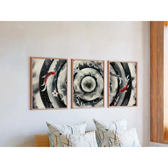 Set of 3 Koi Fish and Lotus Mandala Wall Art, Mountain Landscape Prints, Flowing Wave & Cloud Decor, Elegant Spiritual Home Gallery Set, Stretched Canvas