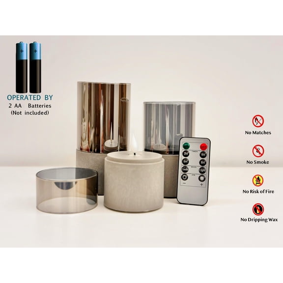 Set of 3 LED Candles with Faux Cement Base - Battery Operated Candle Set with 10 Key Remote Control Flameless Candles with 3D Wick for Patio Outdoor Camping Bathing Home Lighting DecorD3 XH4 5" 6"