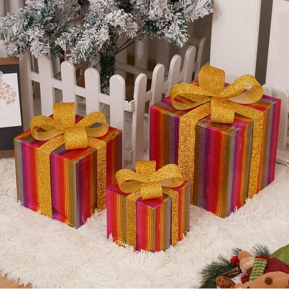 Set of 3 LED Christmas Gift Box Decorations with Remote Control, Lighted PVC Holiday Boxes with Warm White String Lights, Indoor Outdoor Christmas Décor for Tree, Yard, Porch, Patio