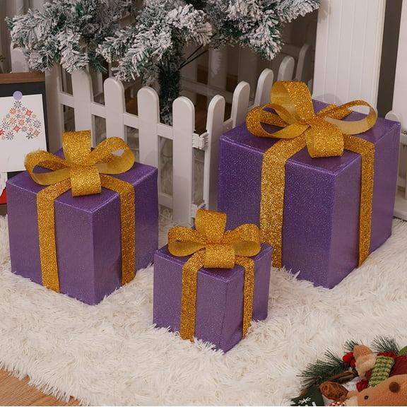 Set of 3 LED Christmas Gift Box Decorations with Remote Control, Lighted PVC Holiday Boxes with Warm White String Lights, Indoor Outdoor Christmas Décor for Tree, Yard, Porch, Patio