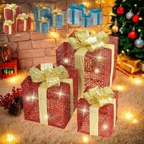 Set of 3 LED Light Up Christmas Boxes | Outdoor Holiday Present Decorations | Metal Lighted Gift Boxes in Silver Red Blue | 3AA Battery Powered Yard Decor