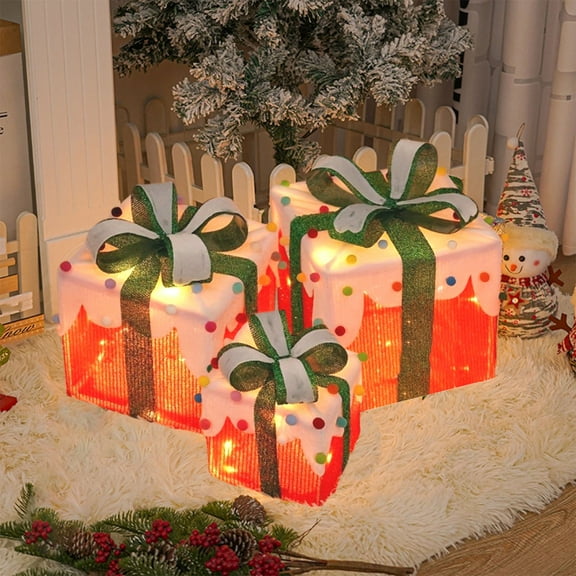 Set of 3 LED Lighted Christmas Boxes Outdoor Decor - 6"/8"/10" Stackable Gift Present Display with 8 Lighting Modes, Battery Powered Holiday Yard Decorations