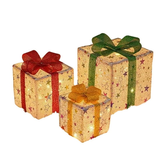 Set of 3 LED Lighted Christmas Gift Boxes, Pre-lit Star Patterns Present Boxes with Bows, Battery Powered Indoor Outdoor Holiday Decor for Tree Yard Home
